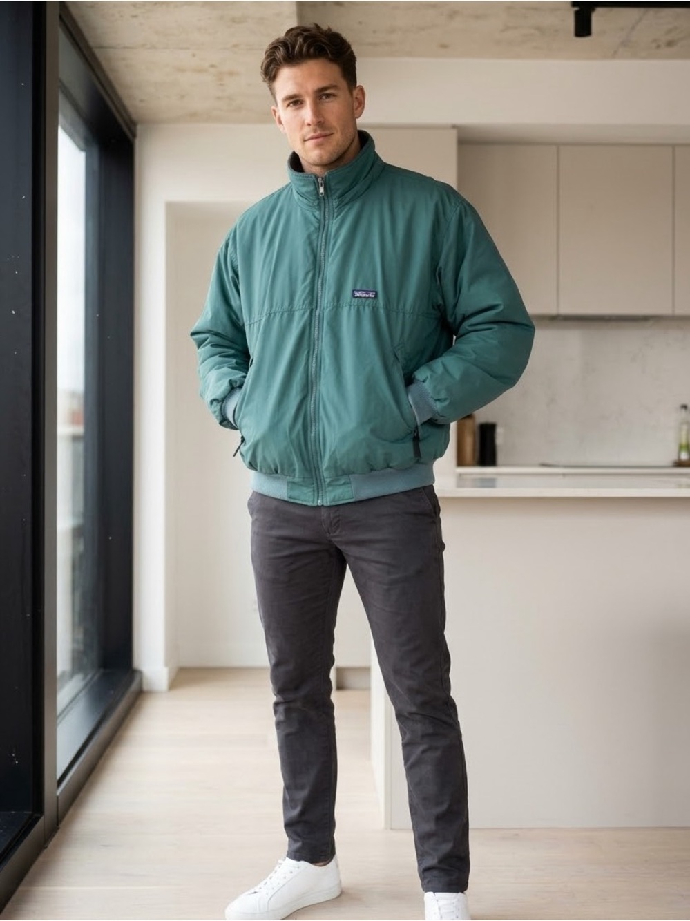 Vintage Patagonia Shelled Synchilla Jacket Fleece Lined Bomber Teal Green XLarge